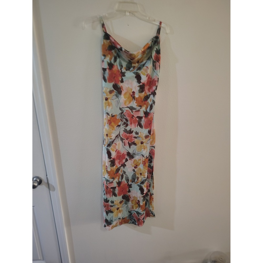 Inspired Hearts Floral Cowl Neck Midi Dress Womens Medium Blue Orange Sleeveless